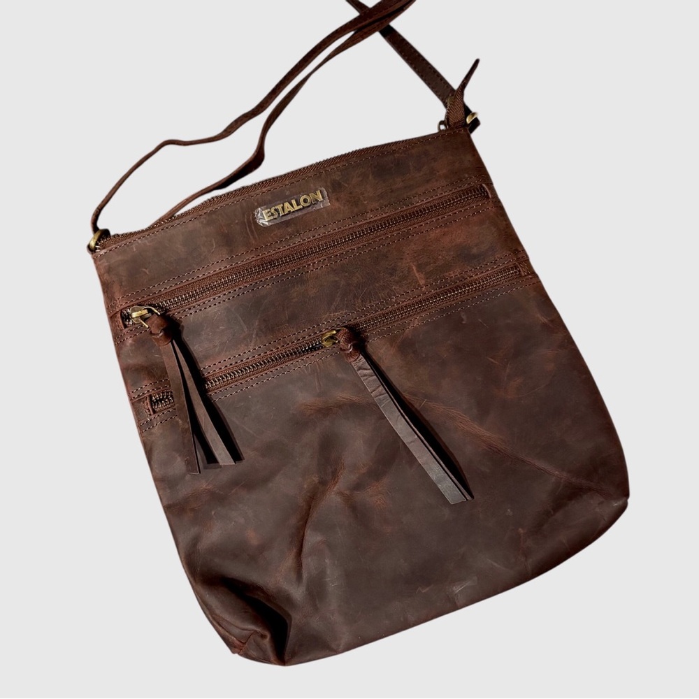Estalon Brown Leather Crossbody Messenger Bag Purse - Picture 9 of 16